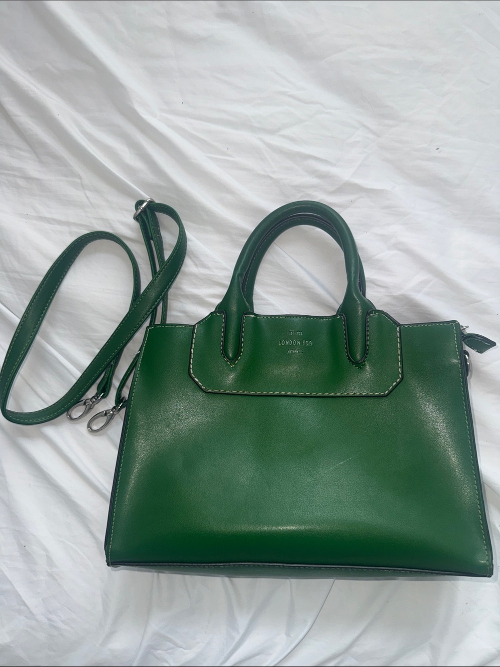 London Fog Emerald Green Leather Satchel with Detachable Strap